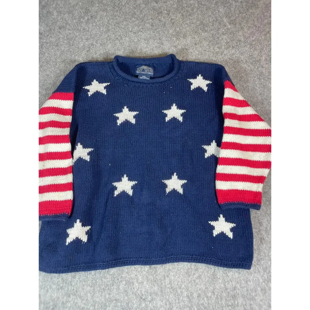 VINTAGE 90s Rey Wear Sweater Mens XL Blue Pullover Boxy USA Patriotic July 4th